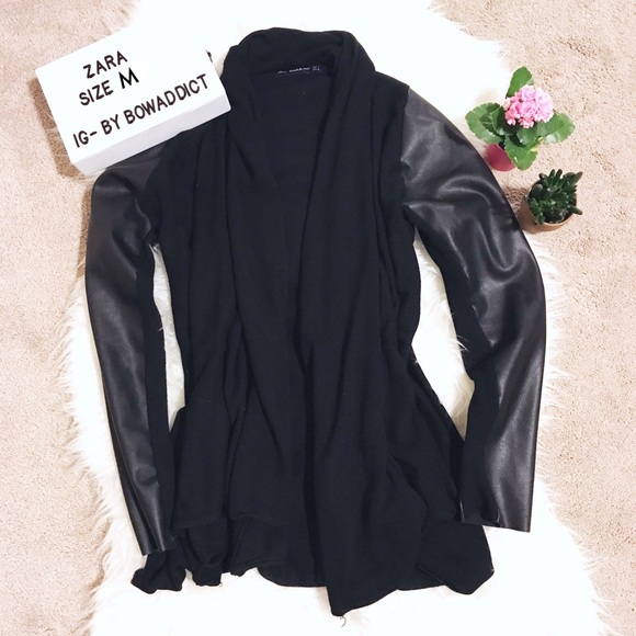 Zara Sweaters - ☀️ • Black Leather Open Waterfall Jacket •